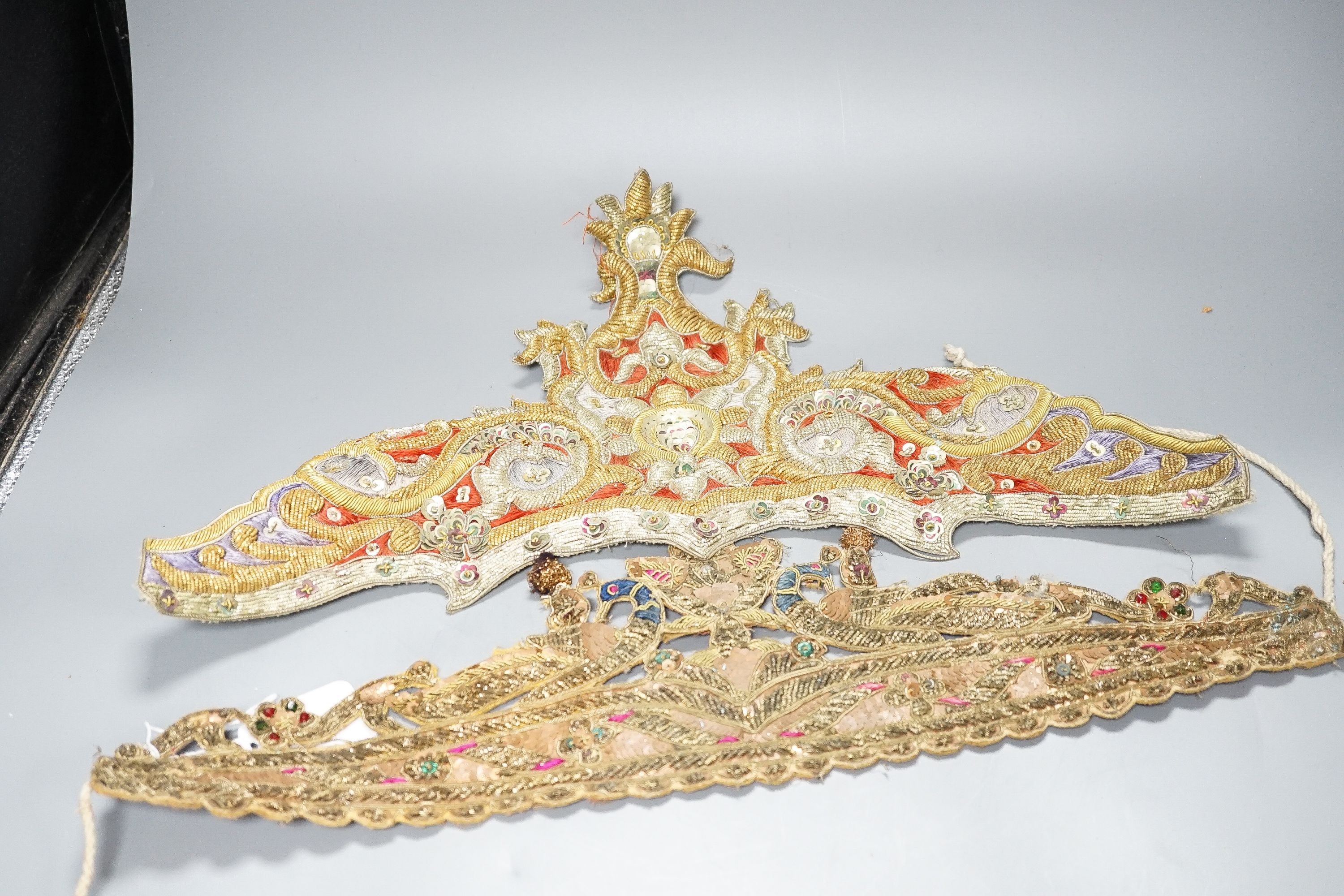 Highly ornate indian silver and gold thread headresses
